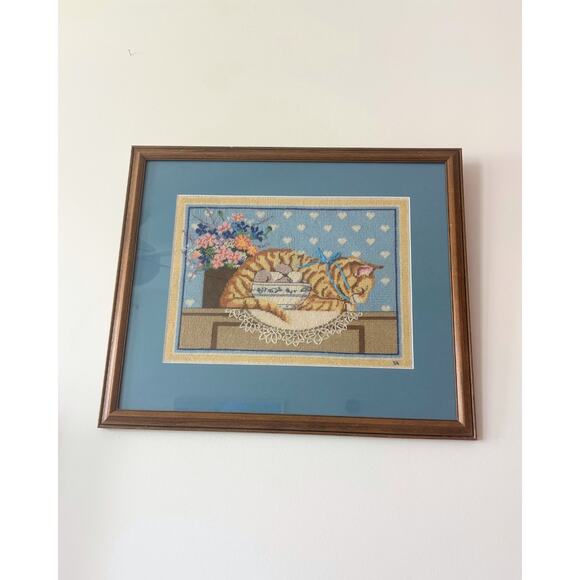 Framed Vintage Needlepoint Tabby Cat wBlue Ribbon Cottagecore Heart Design - Picture 1 of 5